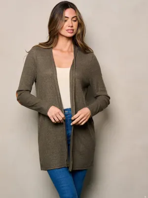 WOMEN'S LONG SLEEVE ELBOW PATCHED OPEN FRONT CARDIGAN
