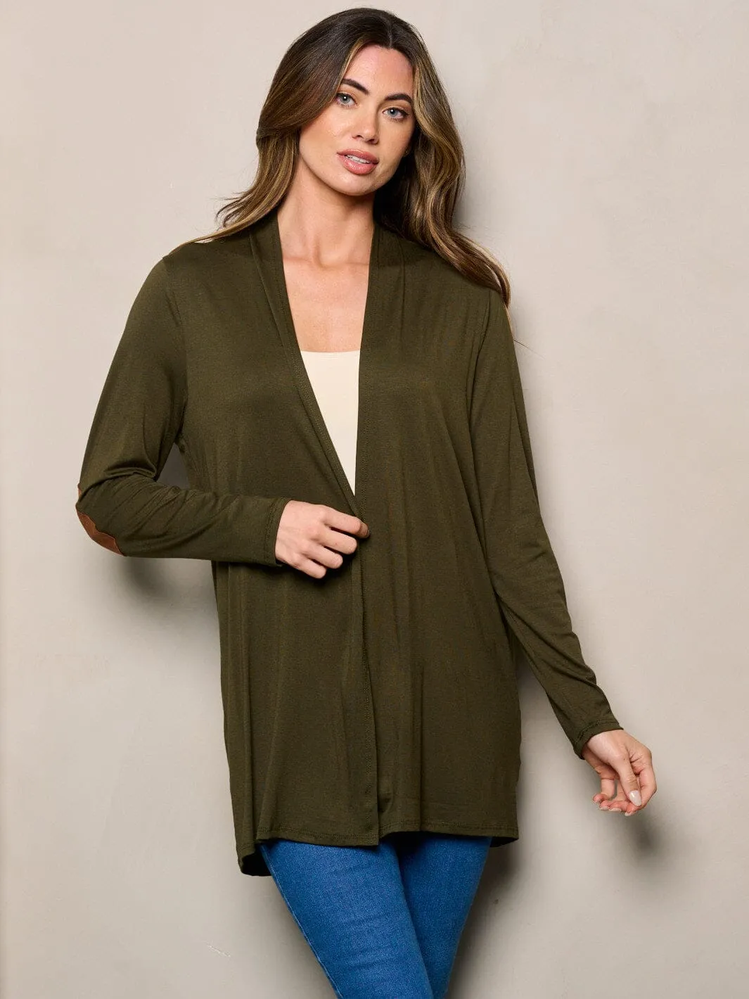 WOMEN'S LONG SLEEVE ELBOW PATCHED OPEN FRONT SOLID CARDIGAN