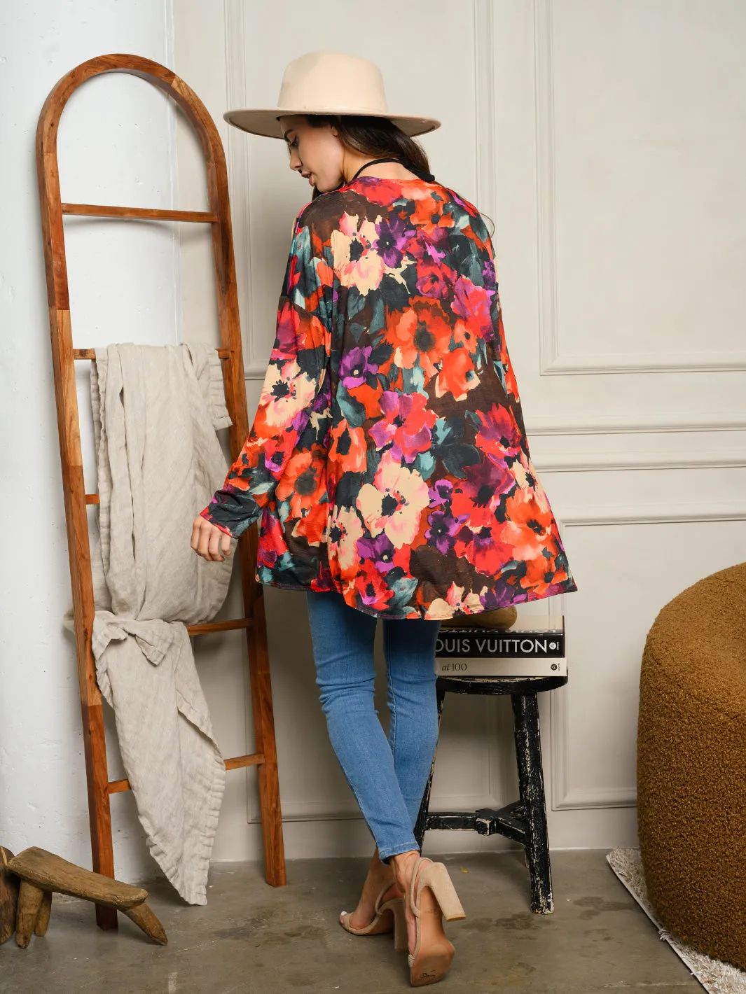WOMEN'S LONG SLEEVE FLORAL OPEN CARDIGAN