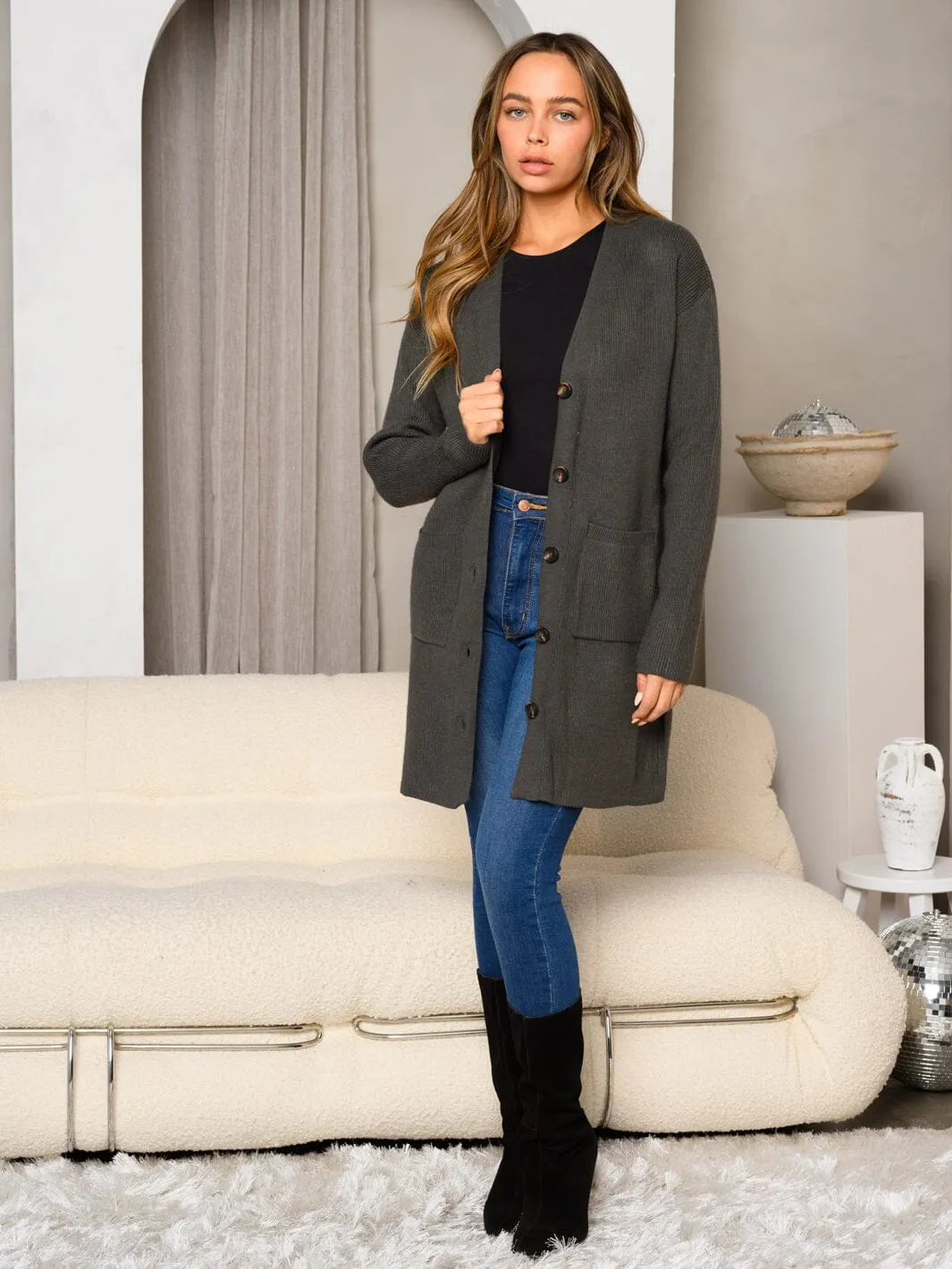 WOMEN'S LONG SLEEVE FRONT BUTTON BOYFRIEND SWEATER CARDIGAN