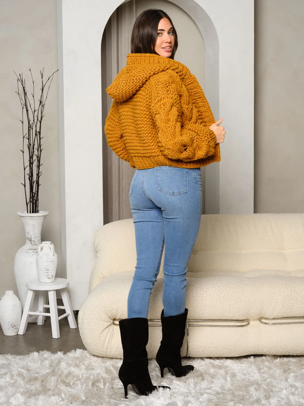 WOMEN'S LONG SLEEVE KNIT HOODED OPEN CARDIGAN SWEATER