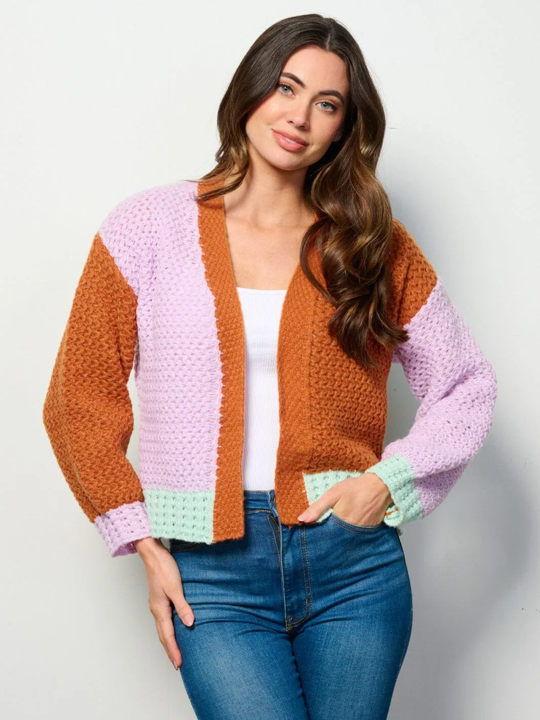 WOMEN'S LONG SLEEVE OPEN FRONT COLORBLOCK KNIT CARDIGAN