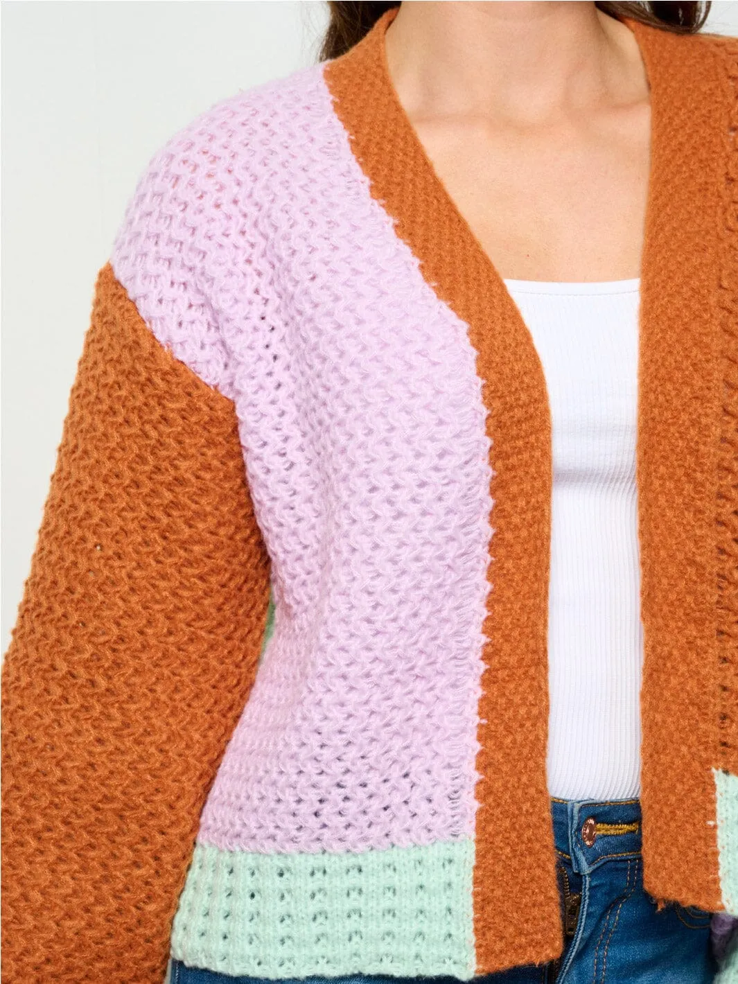 WOMEN'S LONG SLEEVE OPEN FRONT COLORBLOCK KNIT CARDIGAN