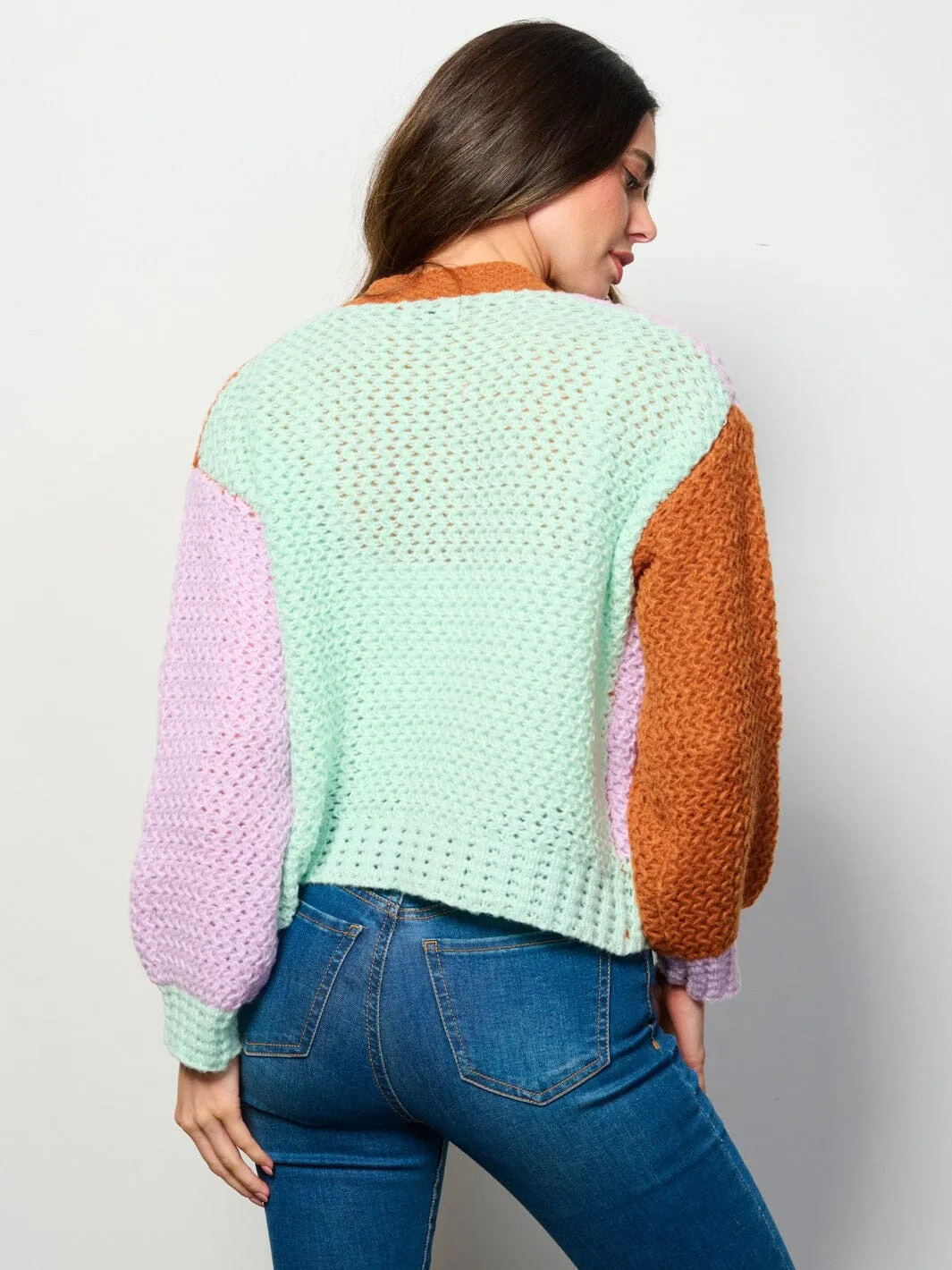 WOMEN'S LONG SLEEVE OPEN FRONT COLORBLOCK KNIT CARDIGAN