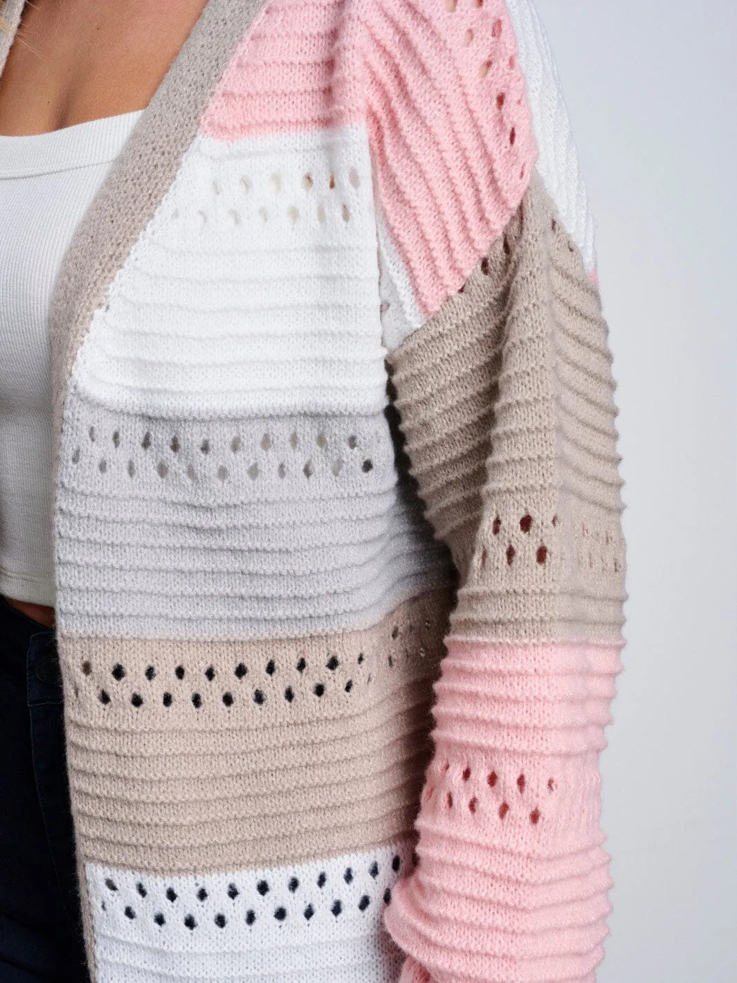WOMEN'S LONG SLEEVE OPEN FRONT KNIT COLORBLOCK CARDIGAN