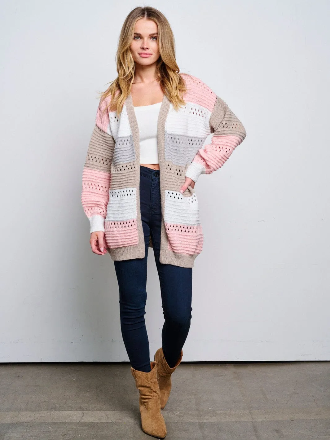 WOMEN'S LONG SLEEVE OPEN FRONT KNIT COLORBLOCK CARDIGAN