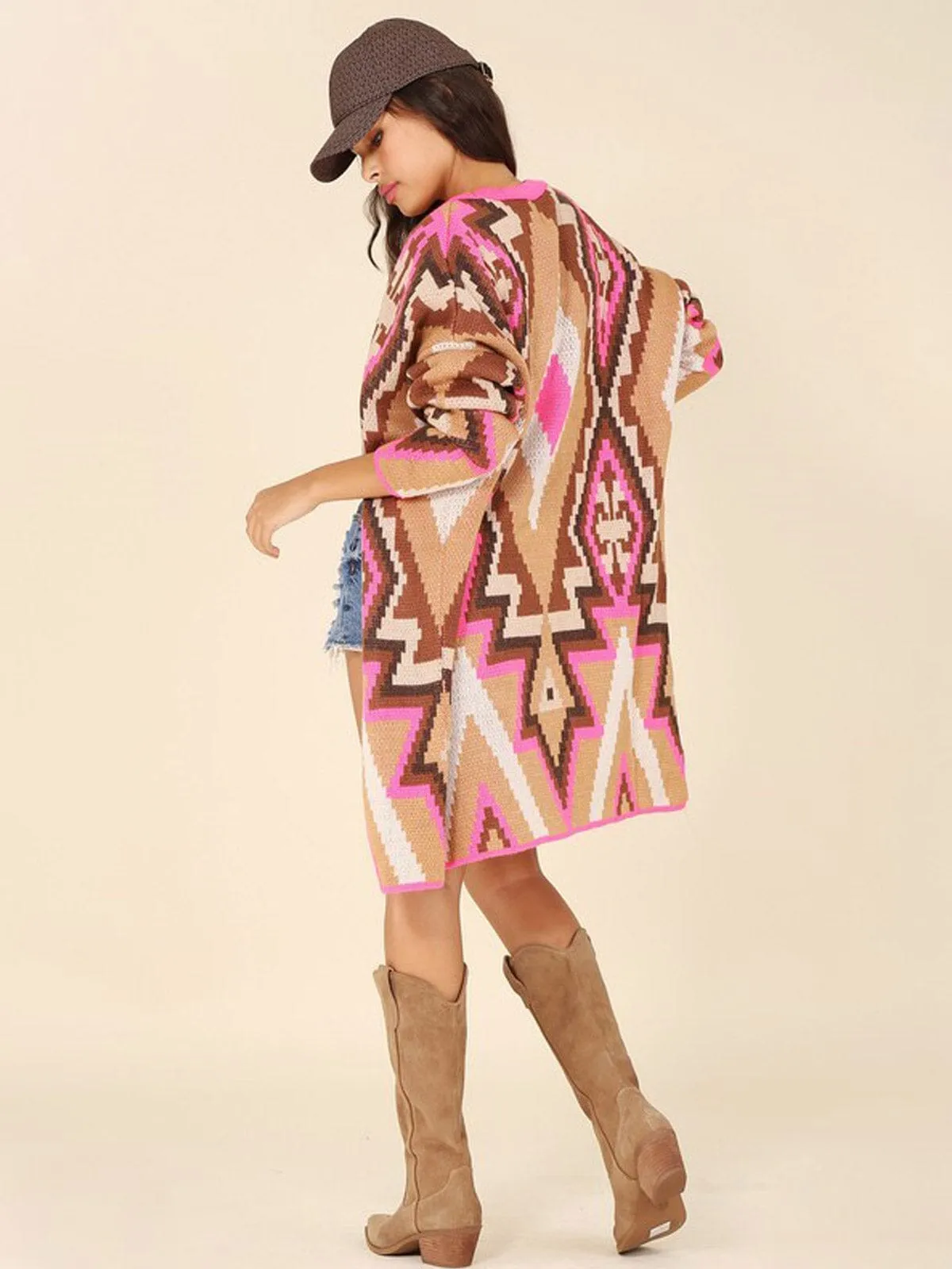 WOMEN'S LONG SLEEVE OPEN FRONT MULTI PRINT CARDIGAN