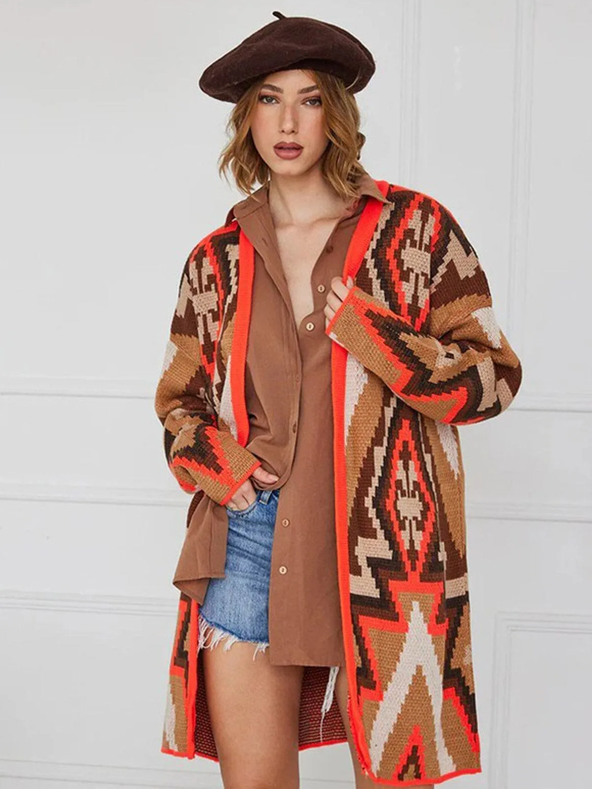 WOMEN'S LONG SLEEVE OPEN FRONT MULTI PRINT CARDIGAN