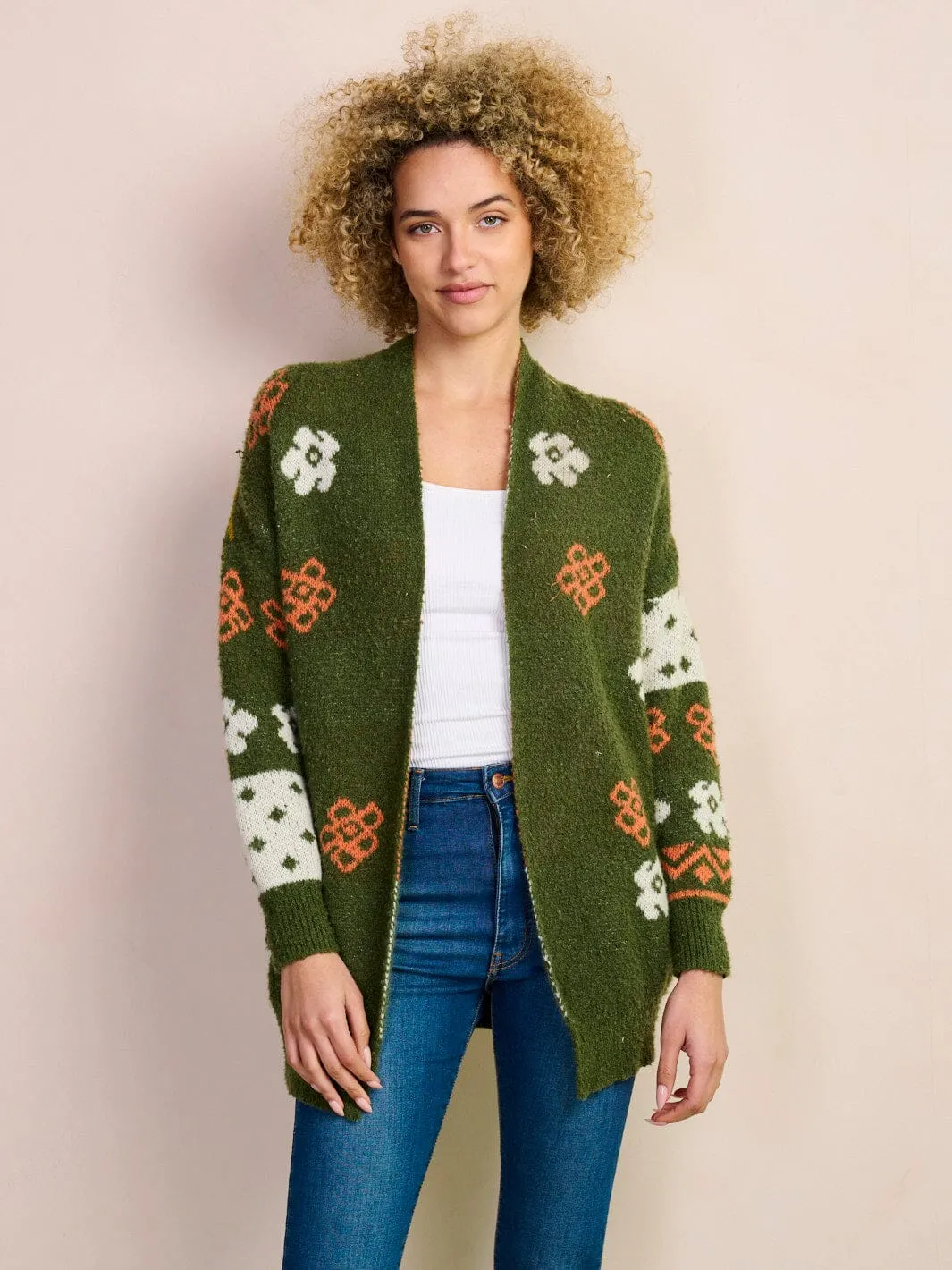 WOMEN'S LONG SLEEVE OPEN FRONT MULTI PRINT CARDIGAN