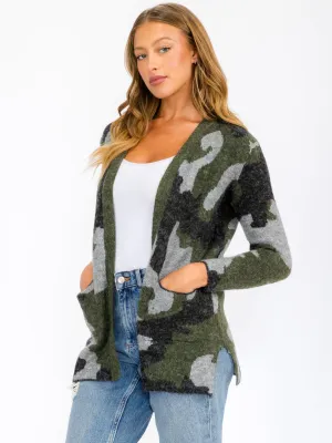 WOMEN'S LONG SLEEVE OPEN FRONT POCKETS CAMO PRINT CARDIGAN