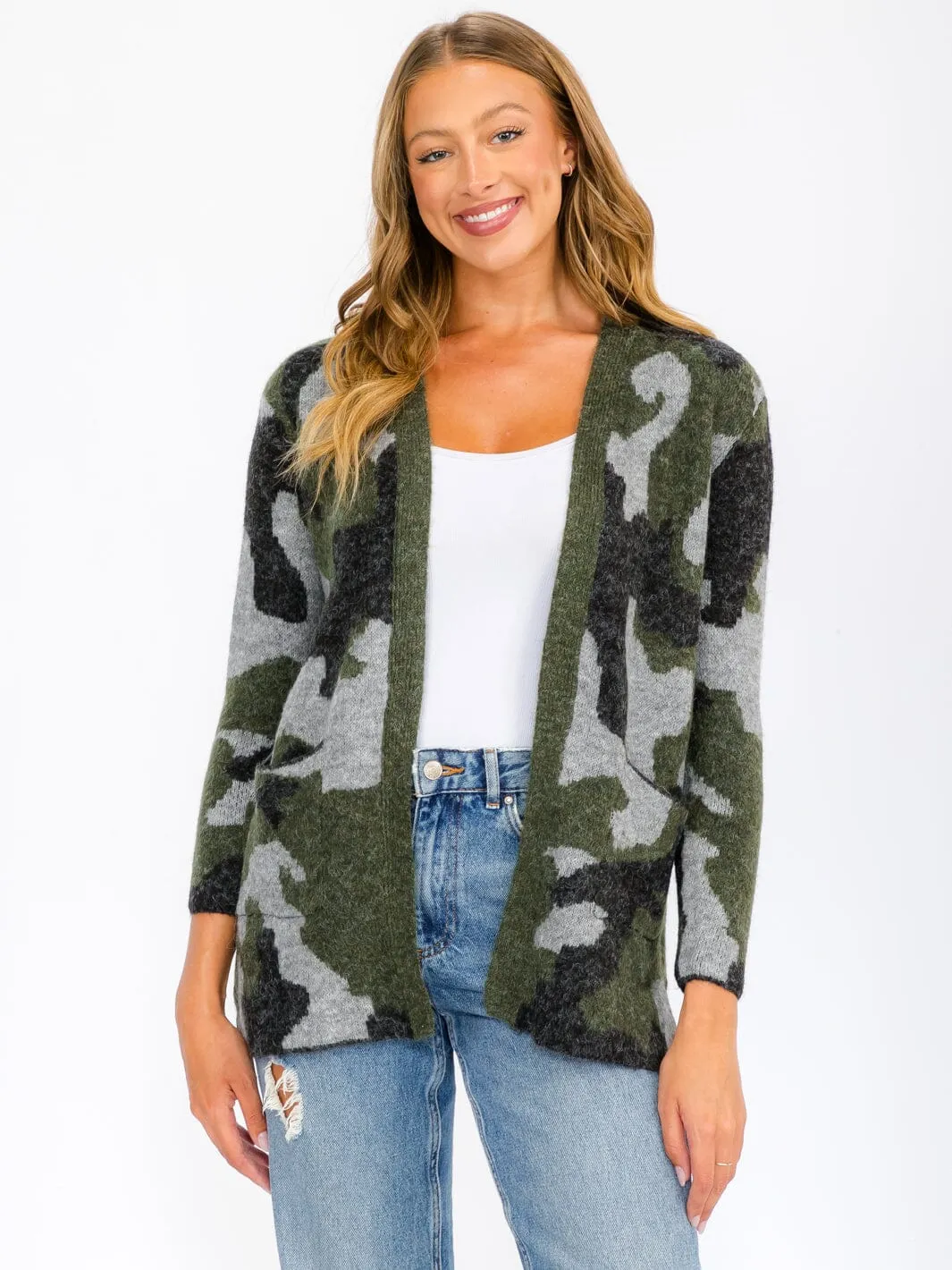WOMEN'S LONG SLEEVE OPEN FRONT POCKETS CAMO PRINT CARDIGAN