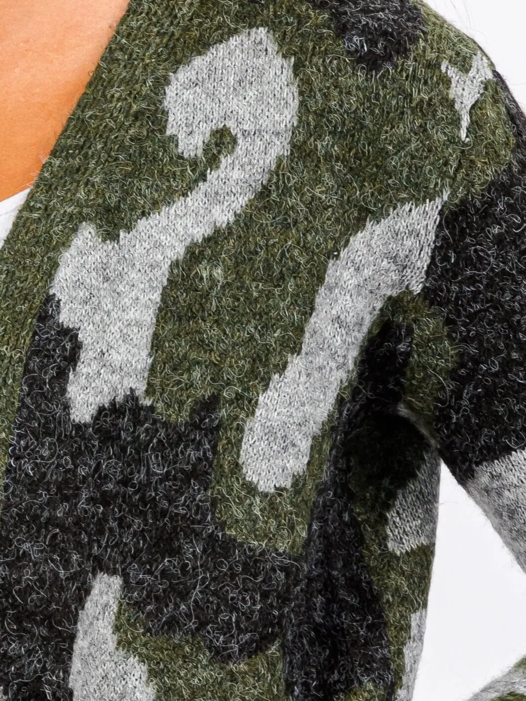 WOMEN'S LONG SLEEVE OPEN FRONT POCKETS CAMO PRINT CARDIGAN