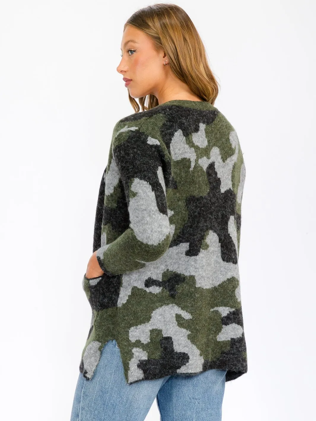 WOMEN'S LONG SLEEVE OPEN FRONT POCKETS CAMO PRINT CARDIGAN