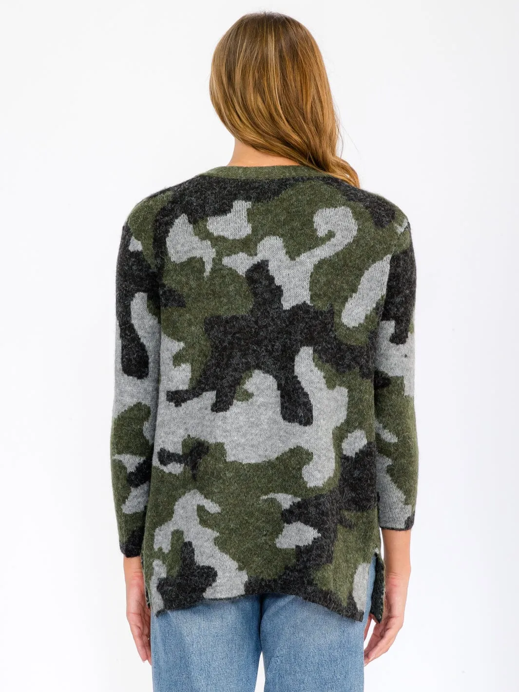 WOMEN'S LONG SLEEVE OPEN FRONT POCKETS CAMO PRINT CARDIGAN