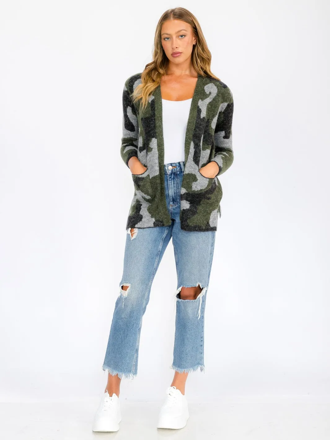 WOMEN'S LONG SLEEVE OPEN FRONT POCKETS CAMO PRINT CARDIGAN