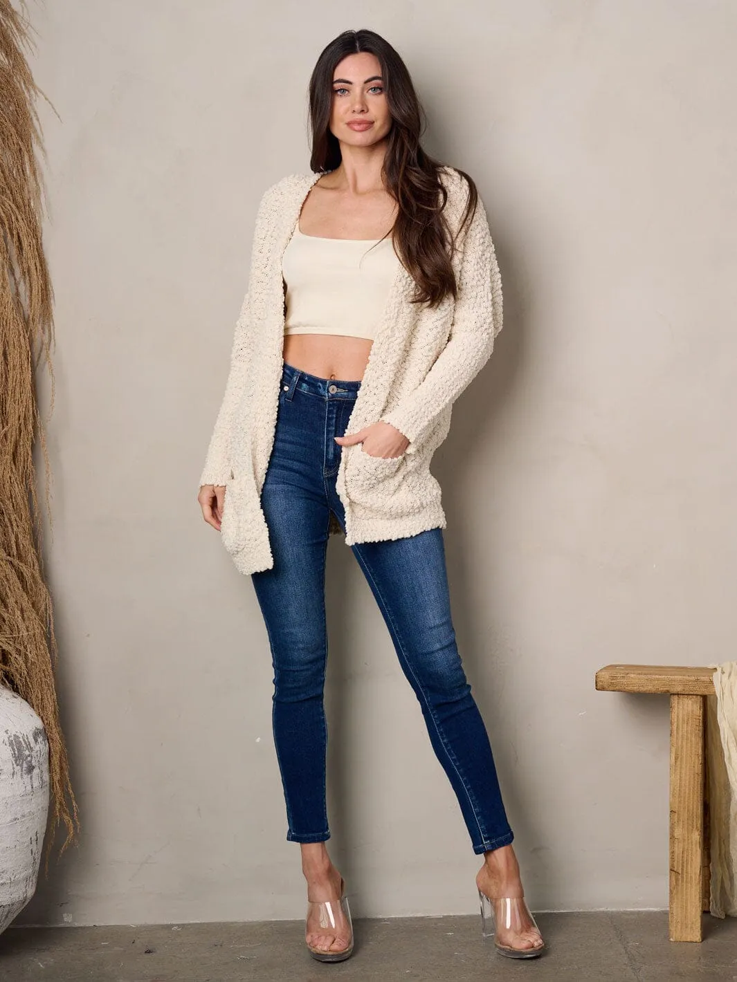 WOMEN'S LONG SLEEVE OPEN FRONT POCKETS CARDIGAN