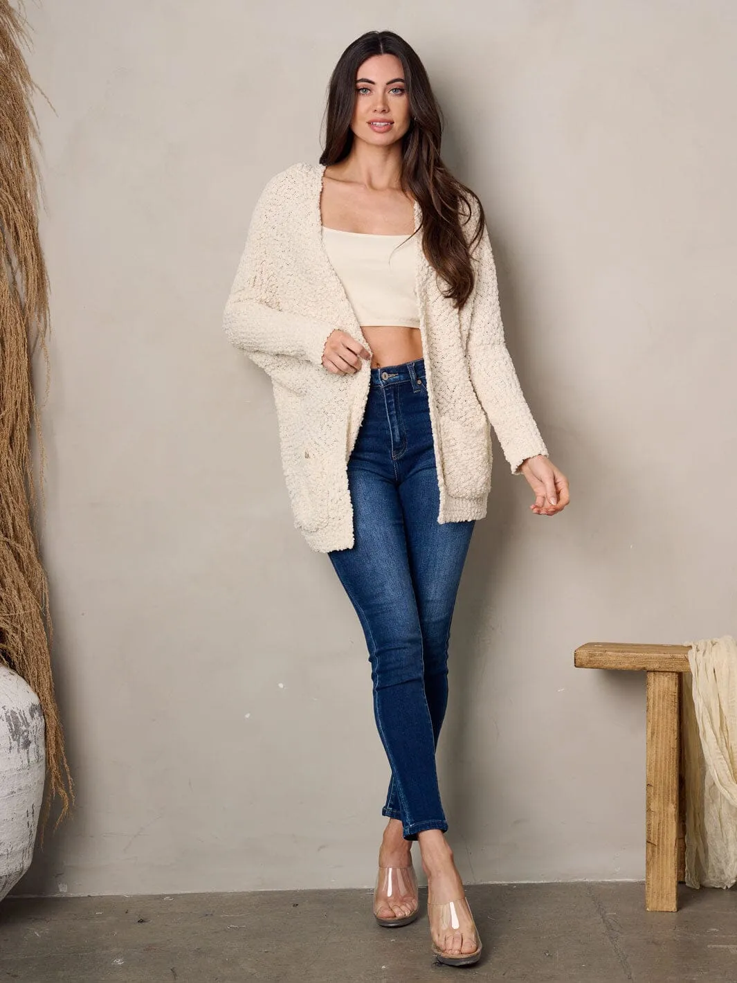WOMEN'S LONG SLEEVE OPEN FRONT POCKETS CARDIGAN