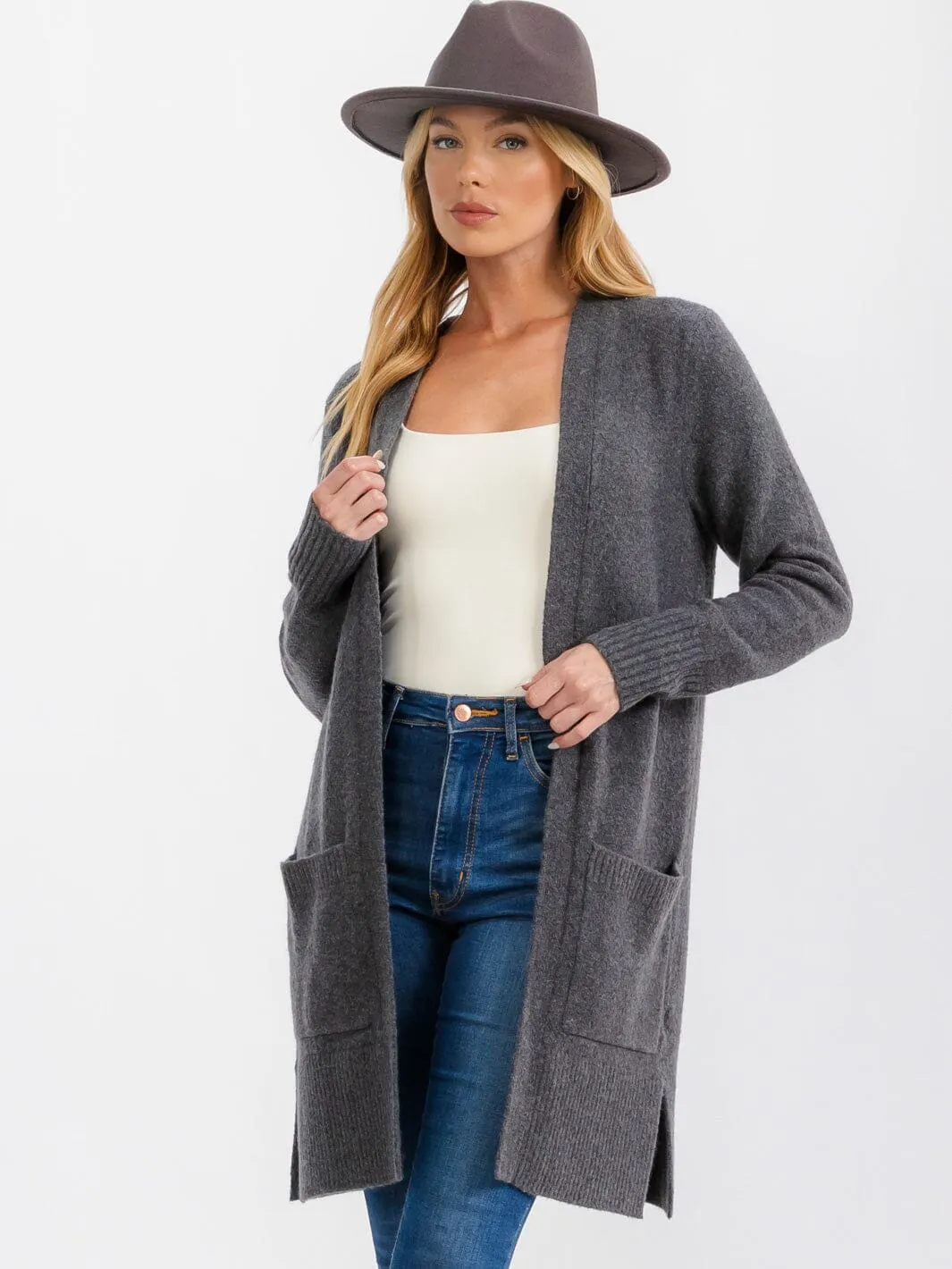 WOMEN'S LONG SLEEVE OPEN FRONT POCKETS CARDIGAN