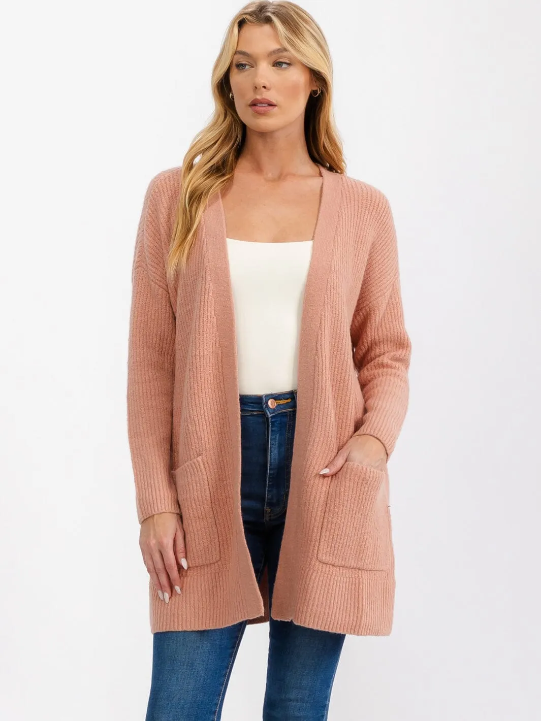 WOMEN'S LONG SLEEVE OPEN FRONT POCKETS CARDIGAN