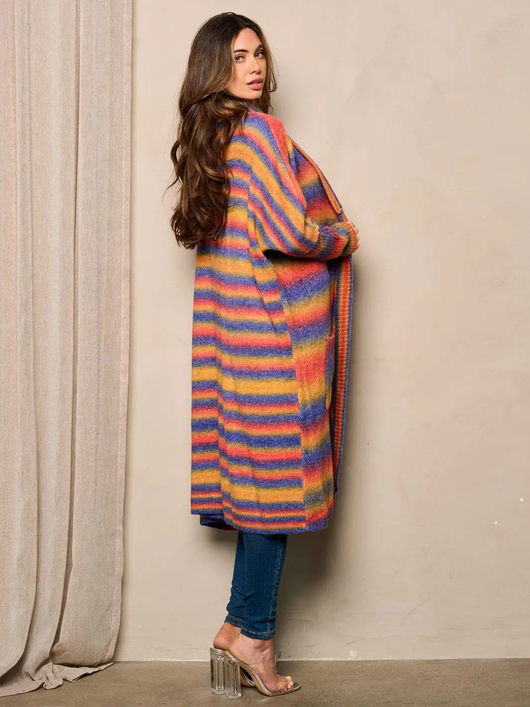 WOMEN'S LONG SLEEVE OPEN FRONT POCKETS COLORBLOCK CARDIGAN