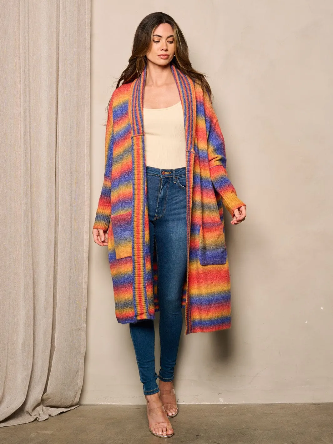 WOMEN'S LONG SLEEVE OPEN FRONT POCKETS COLORBLOCK CARDIGAN