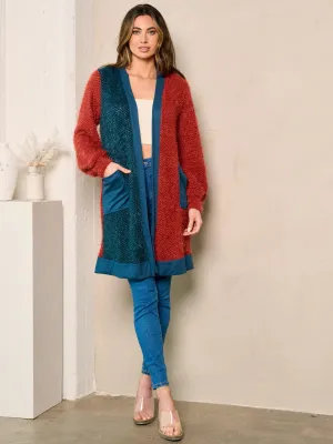 WOMEN'S LONG SLEEVE OPEN FRONT POCKETS COLORBLOCK FUZZY CARDIGAN