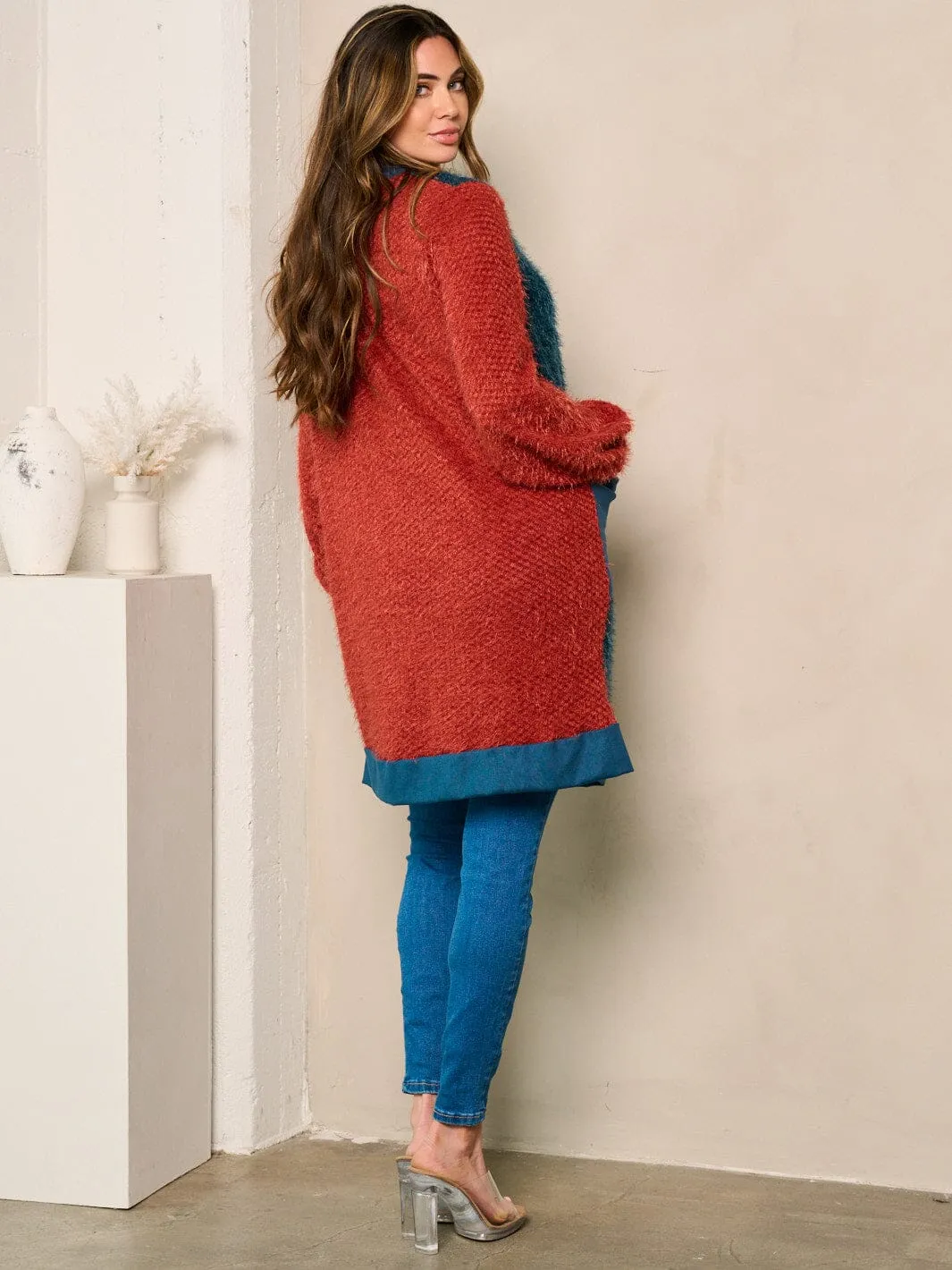 WOMEN'S LONG SLEEVE OPEN FRONT POCKETS COLORBLOCK FUZZY CARDIGAN