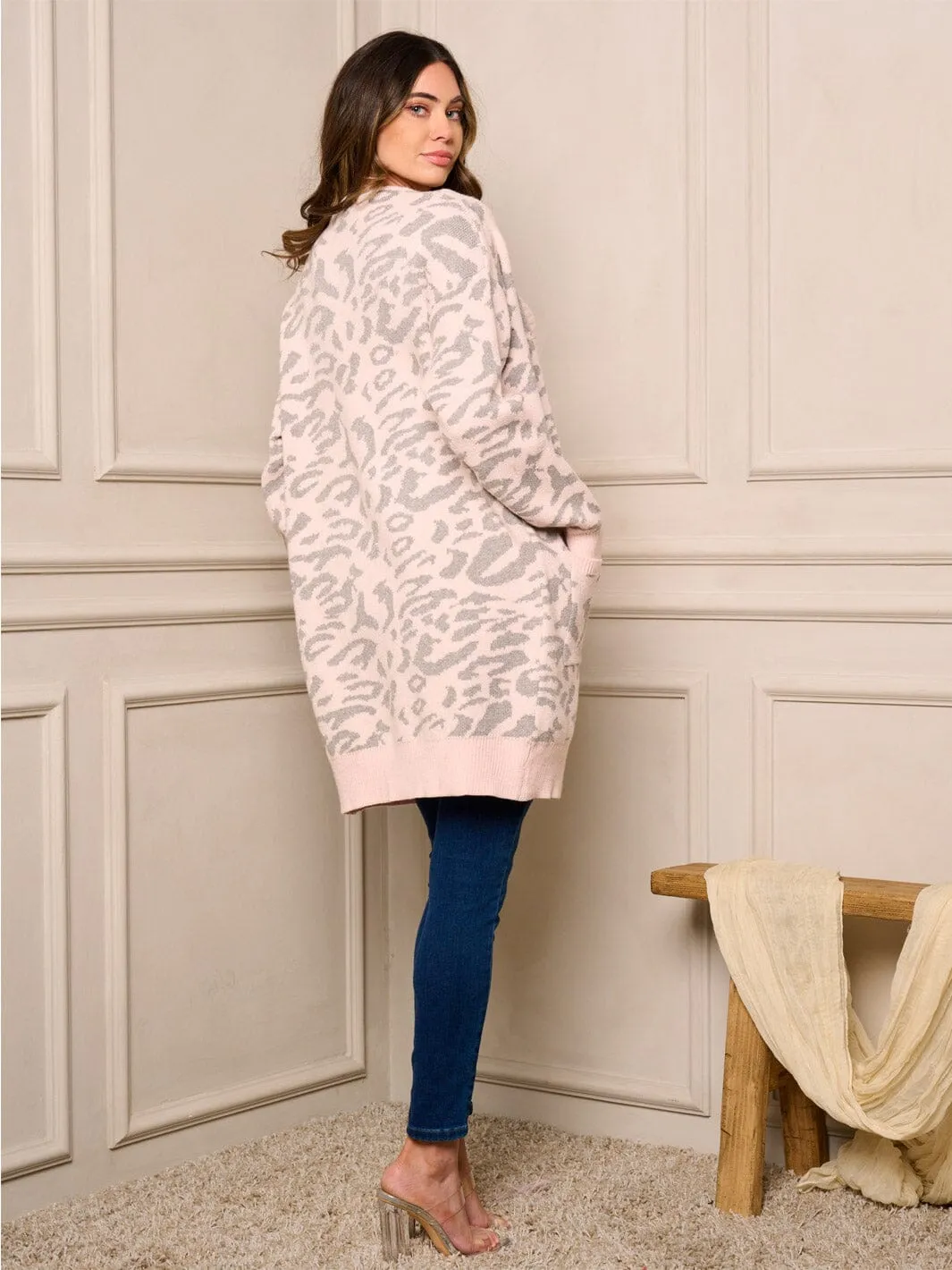 WOMENS LONG SLEEVE OPEN FRONT POCKETS PRINT CARDIGAN