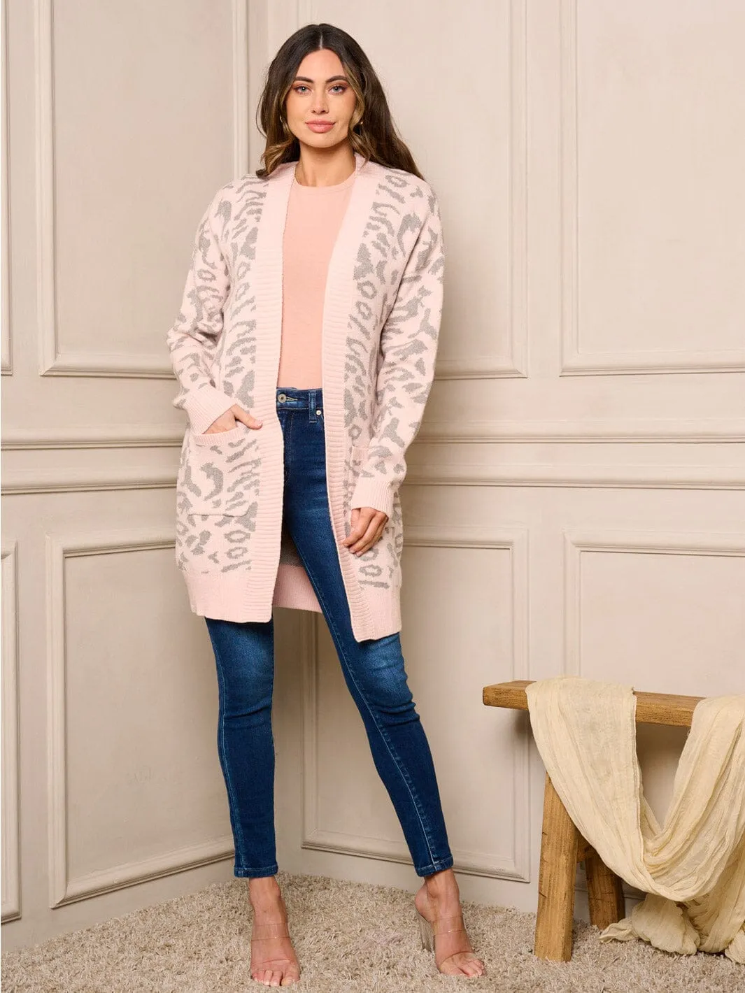 WOMENS LONG SLEEVE OPEN FRONT POCKETS PRINT CARDIGAN