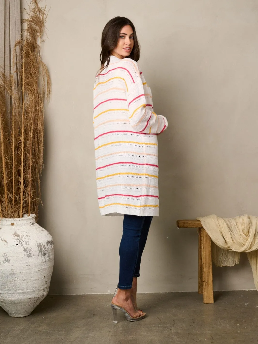 WOMEN'S LONG SLEEVE OPEN FRONT STRIPES CARDIGAN