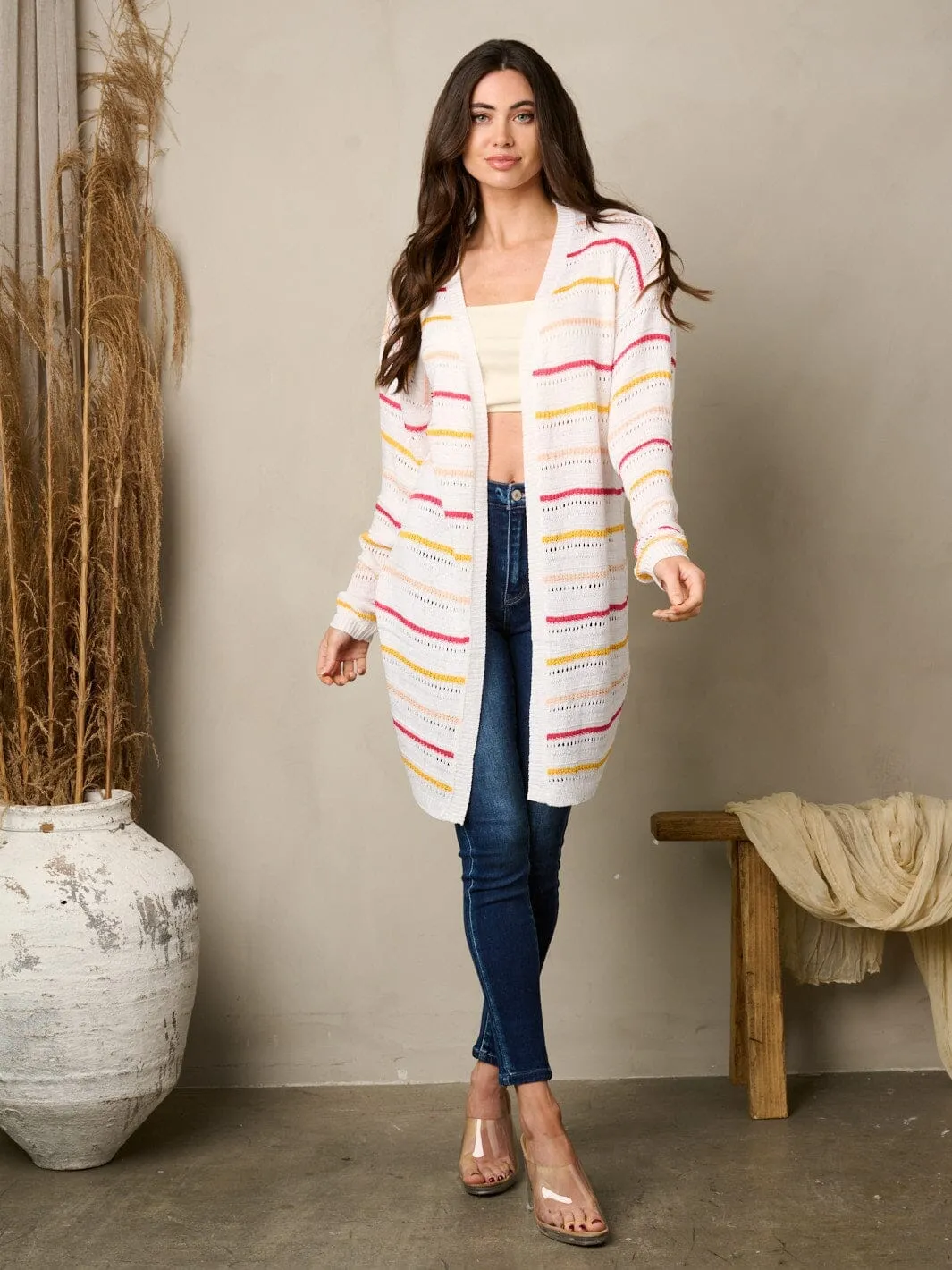 WOMEN'S LONG SLEEVE OPEN FRONT STRIPES CARDIGAN