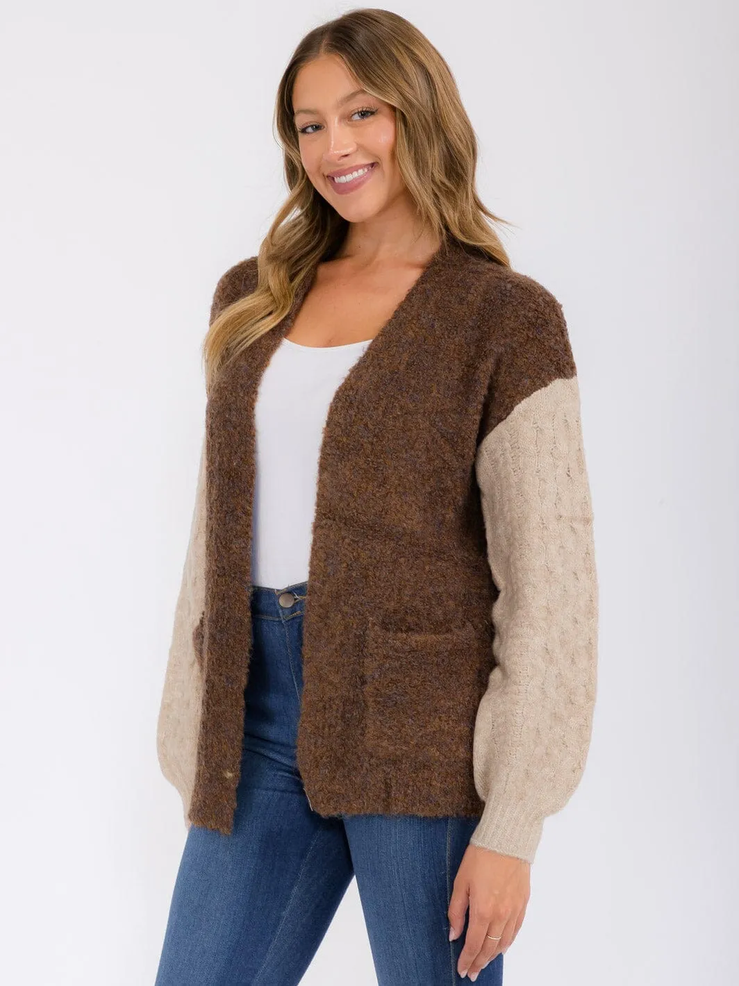 WOMEN'S LONG SLEEVE POCKETS COLORBLOCK OPEN FRONT CARDIGAN