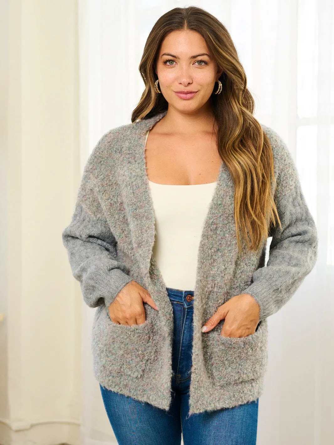 WOMEN'S LONG SLEEVE POCKETS COLORBLOCK OPEN FRONT CARDIGAN