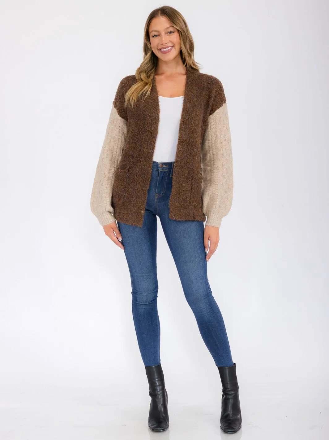 WOMEN'S LONG SLEEVE POCKETS COLORBLOCK OPEN FRONT CARDIGAN
