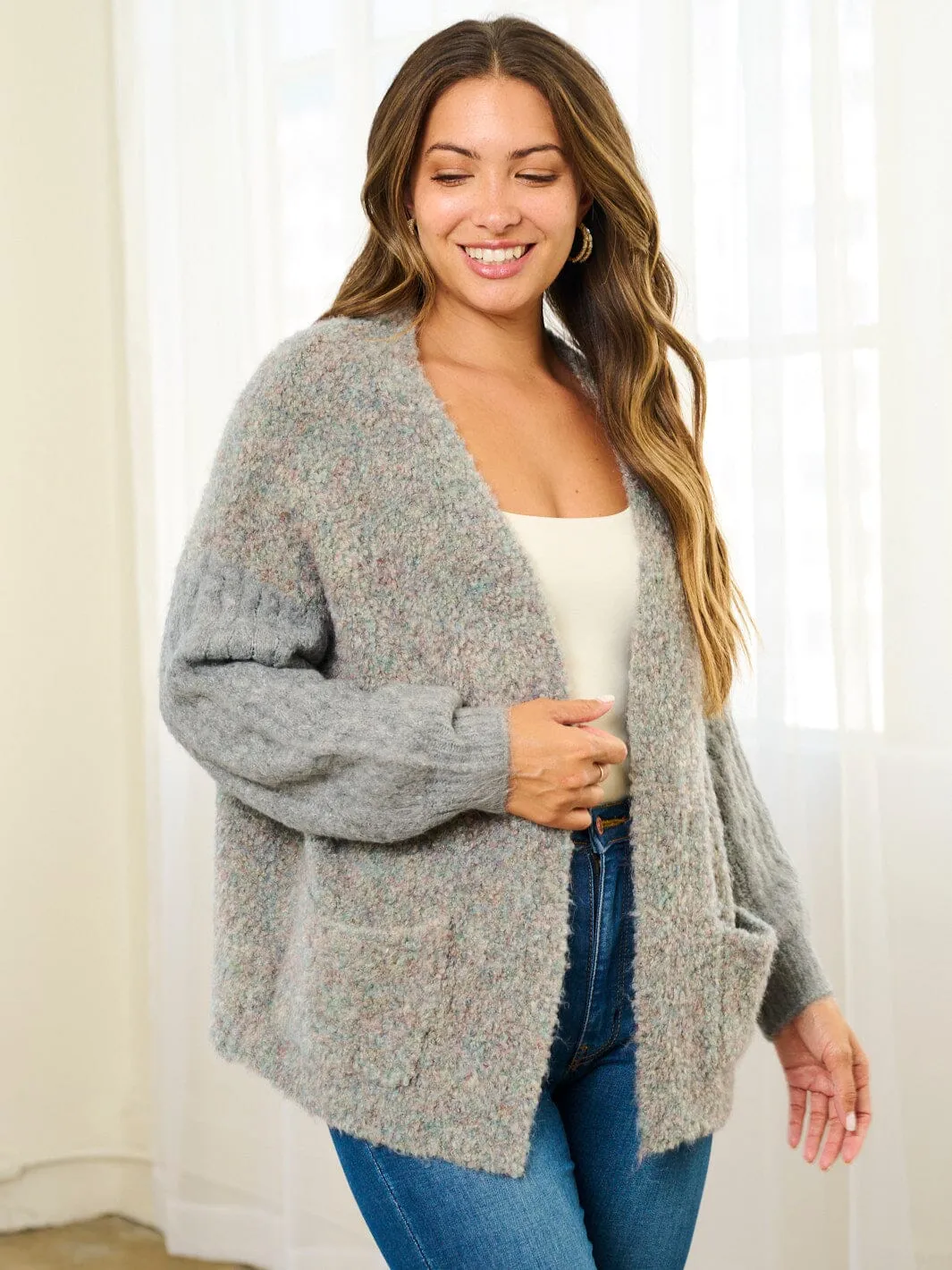WOMEN'S LONG SLEEVE POCKETS COLORBLOCK OPEN FRONT CARDIGAN