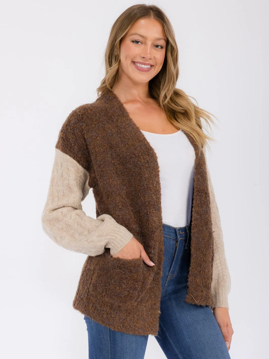 WOMEN'S LONG SLEEVE POCKETS COLORBLOCK OPEN FRONT CARDIGAN