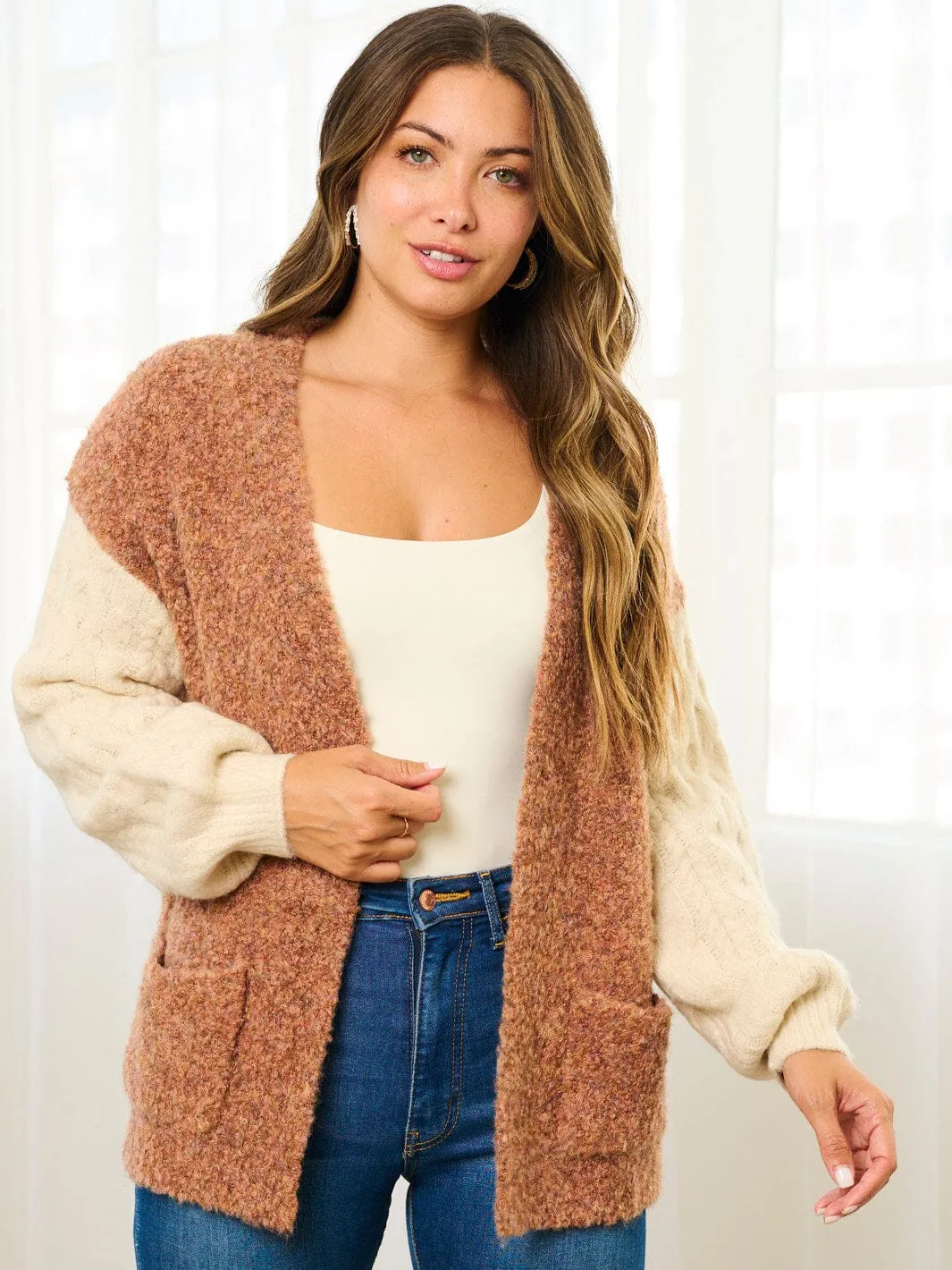 WOMEN'S LONG SLEEVE POCKETS COLORBLOCK OPEN FRONT CARDIGAN