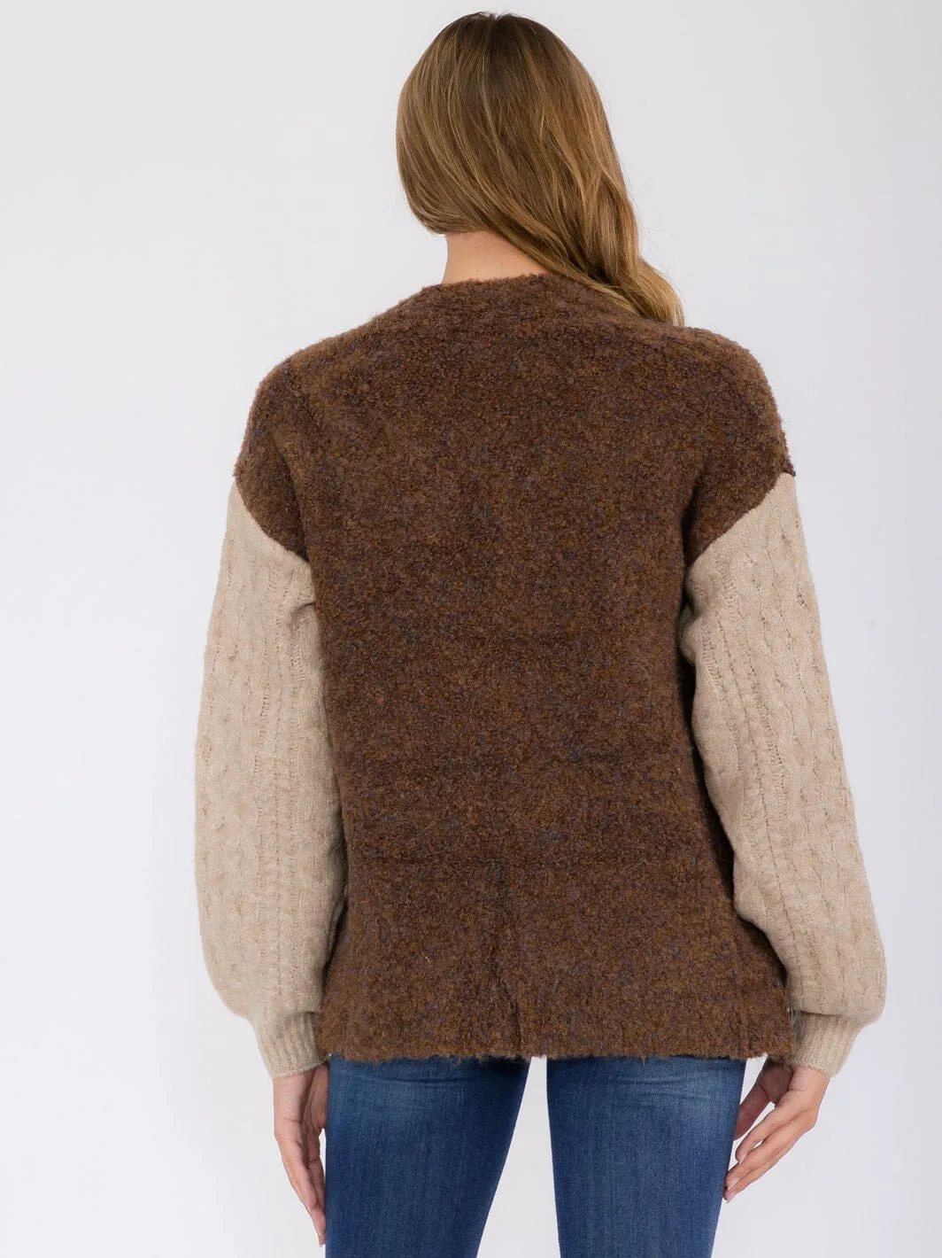 WOMEN'S LONG SLEEVE POCKETS COLORBLOCK OPEN FRONT CARDIGAN