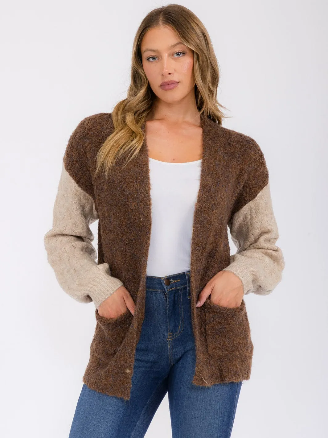 WOMEN'S LONG SLEEVE POCKETS COLORBLOCK OPEN FRONT CARDIGAN