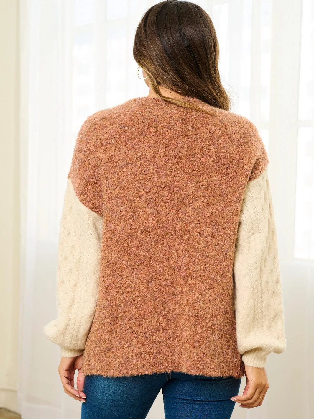 WOMEN'S LONG SLEEVE POCKETS COLORBLOCK OPEN FRONT CARDIGAN