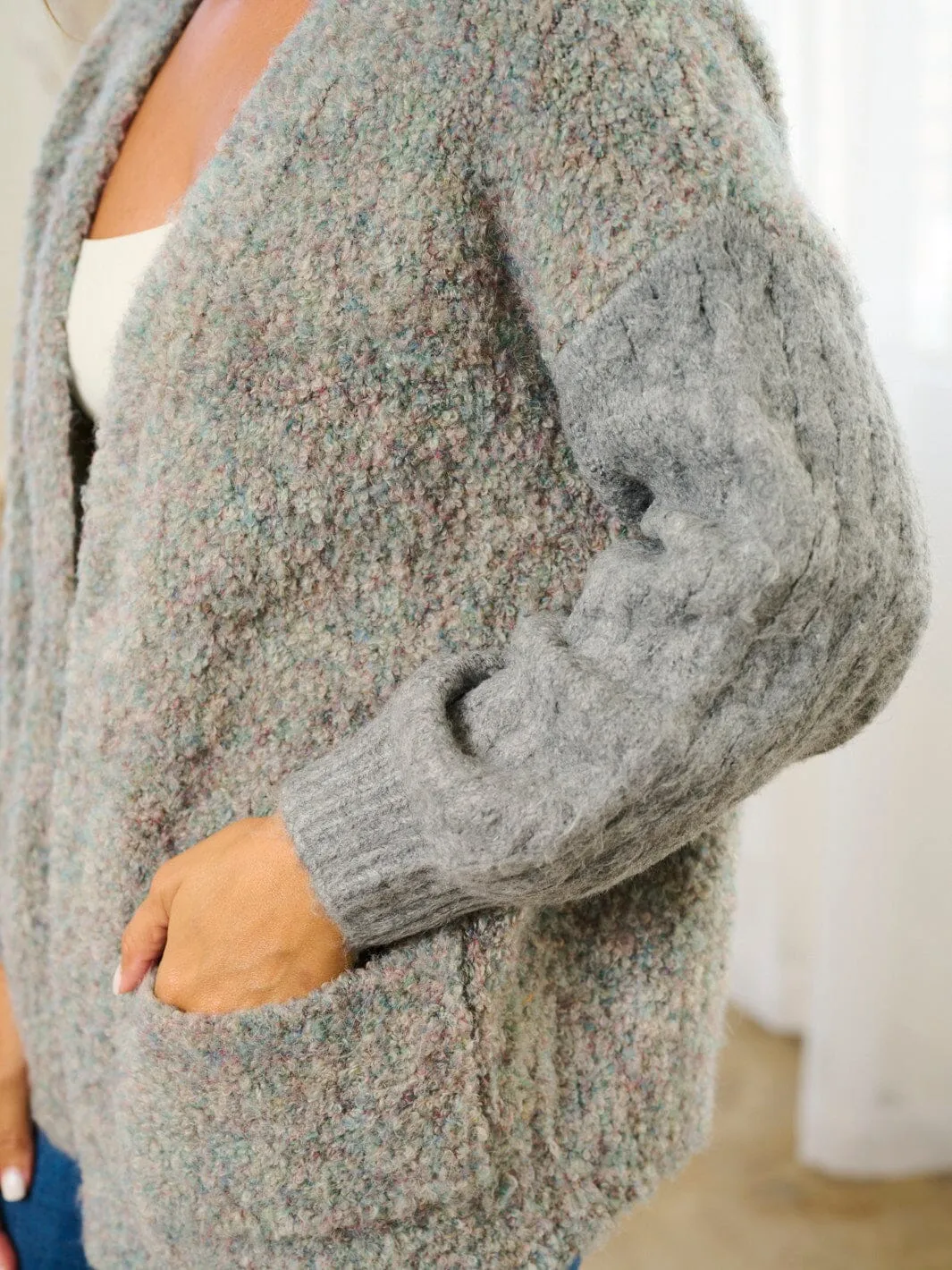 WOMEN'S LONG SLEEVE POCKETS COLORBLOCK OPEN FRONT CARDIGAN