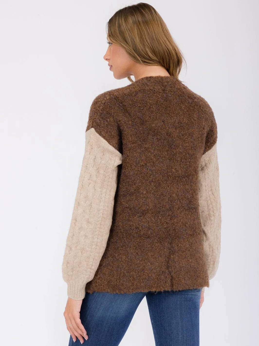 WOMEN'S LONG SLEEVE POCKETS COLORBLOCK OPEN FRONT CARDIGAN