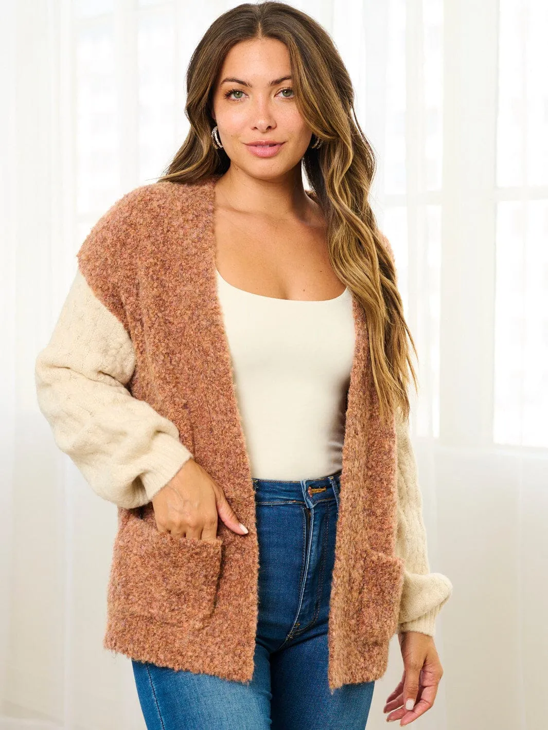 WOMEN'S LONG SLEEVE POCKETS COLORBLOCK OPEN FRONT CARDIGAN
