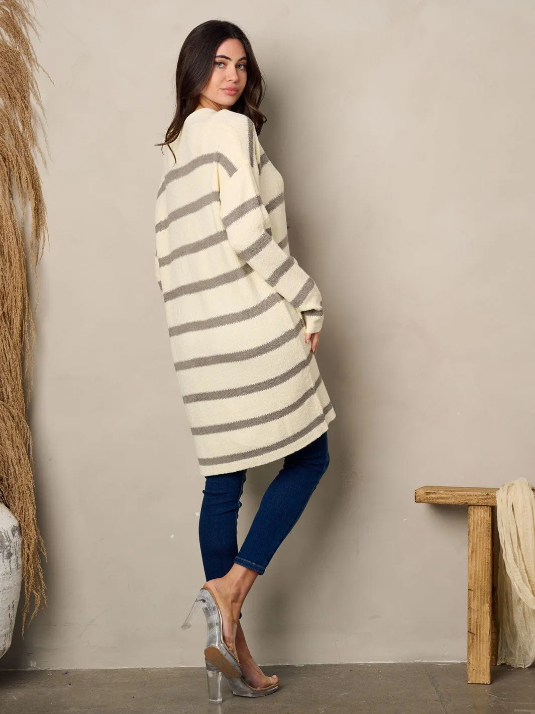 WOMEN'S LONG SLEEVE POCKETS STRIPES CARDIGAN