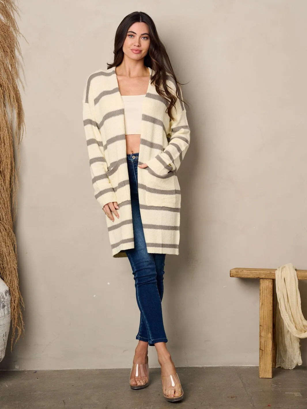 WOMEN'S LONG SLEEVE POCKETS STRIPES CARDIGAN