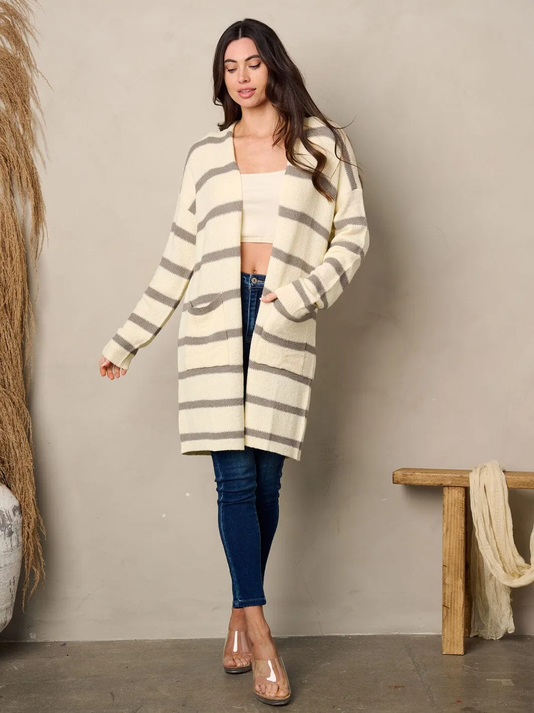 WOMEN'S LONG SLEEVE POCKETS STRIPES CARDIGAN