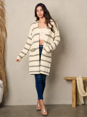 WOMEN'S LONG SLEEVE POCKETS STRIPES CARDIGAN