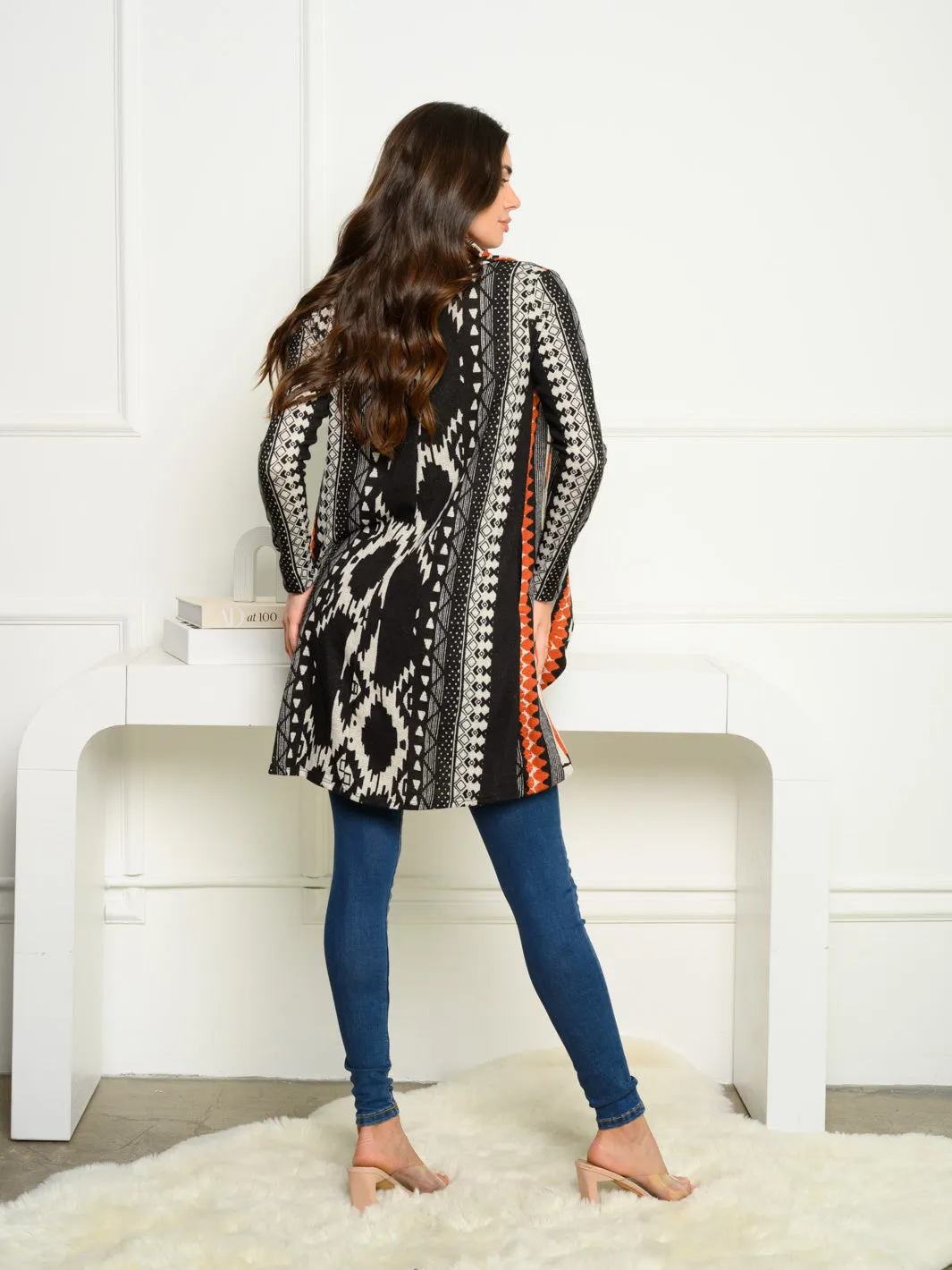 WOMEN'S LONG SLEEVE RUFFLE FRONT MULTI PRINT CARDIGAN