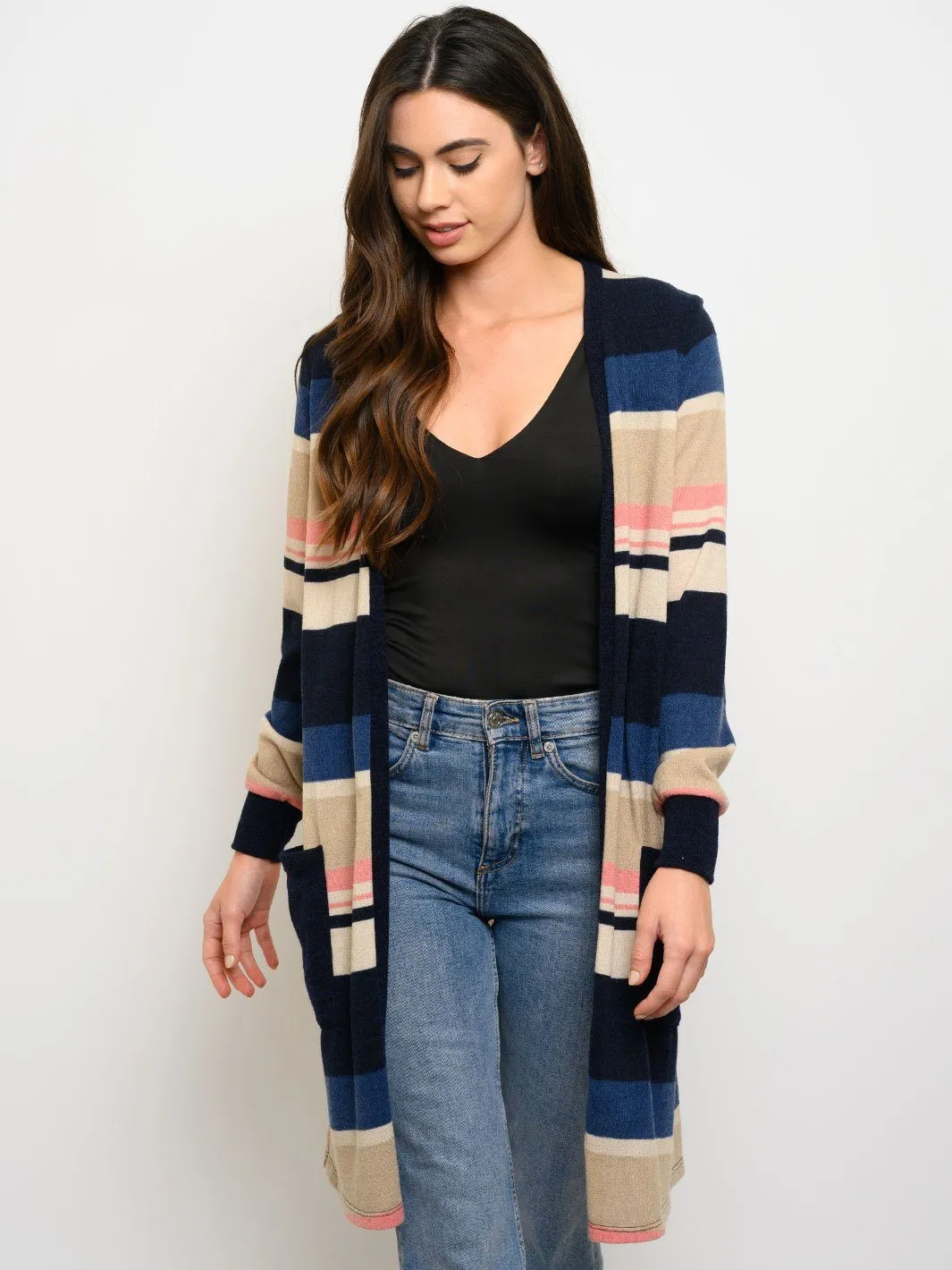 WOMEN'S LONG SLEEVE STRIPES POCKETS CARDIGAN