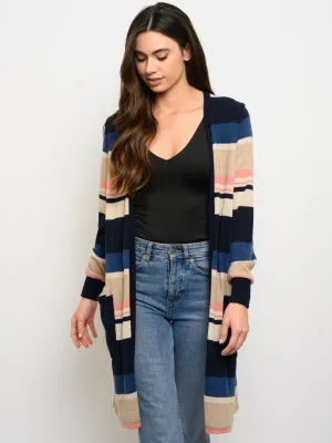 WOMEN'S LONG SLEEVE STRIPES POCKETS CARDIGAN